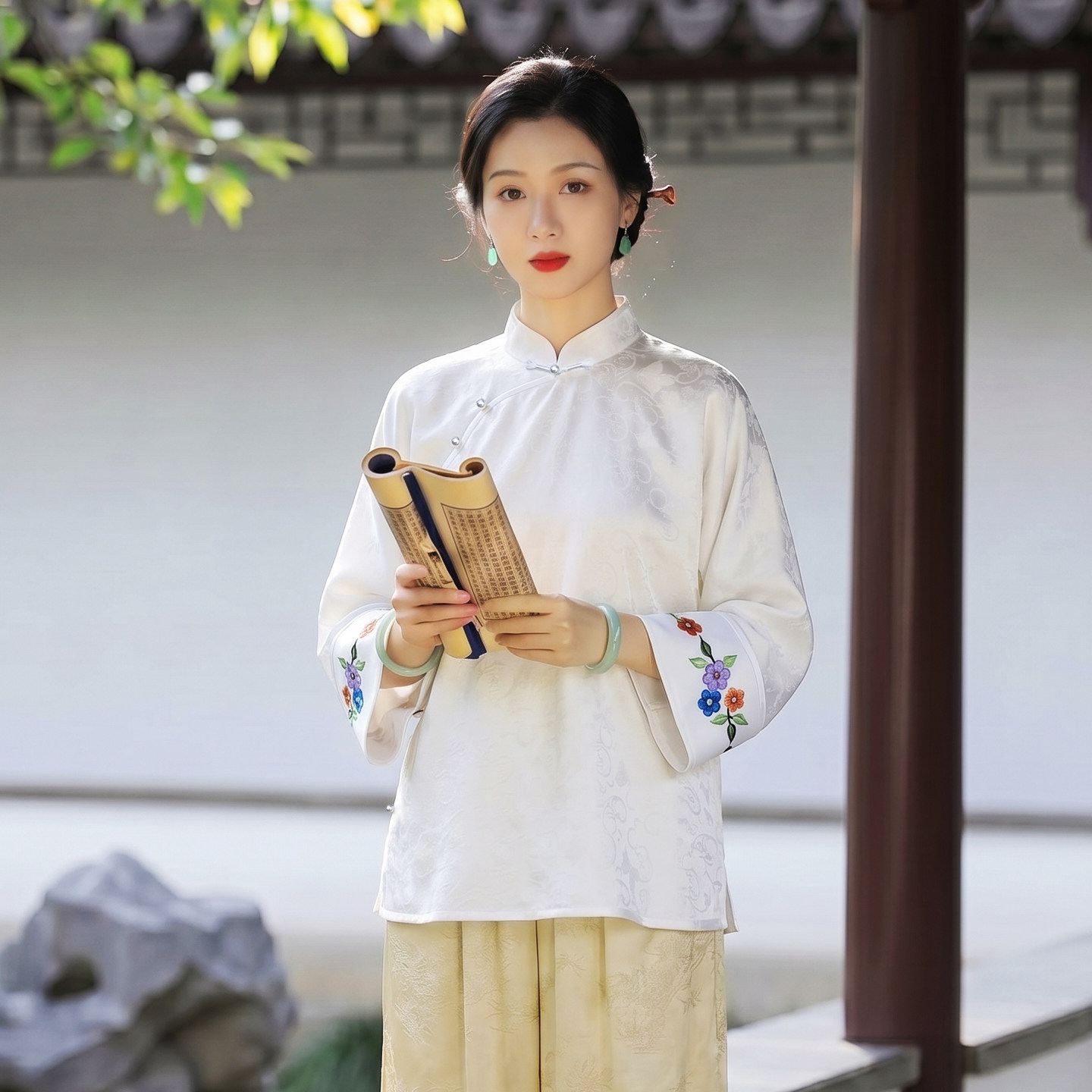 华族经典改良唐装女新中式桑蚕丝绣花刺绣休闲立领国风衬衫上衣夏