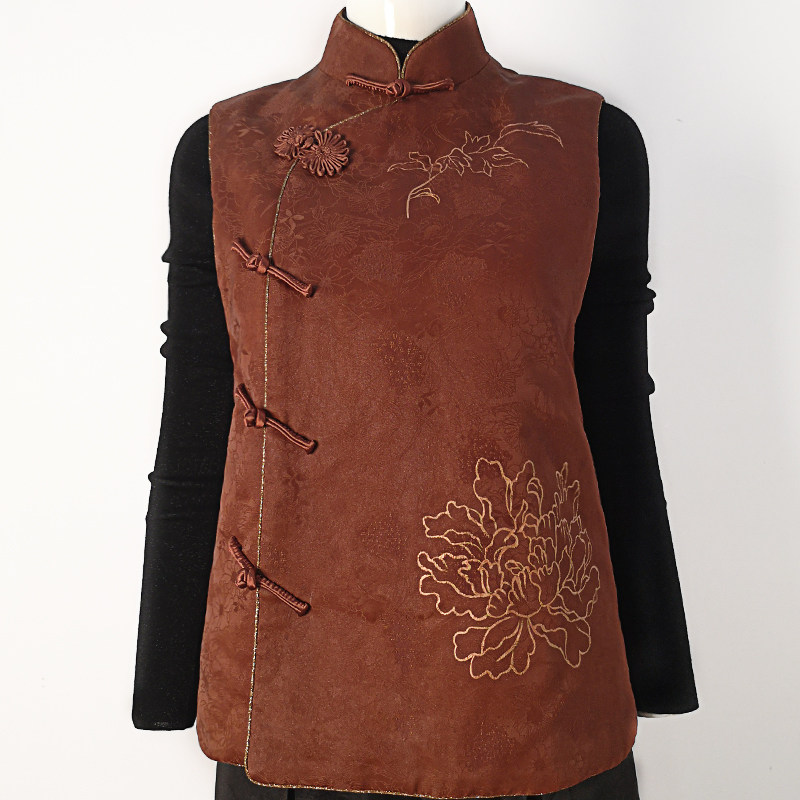 华族经典（落霞牡丹）红云纱中式马甲夹棉加厚复古优雅唐装背心女