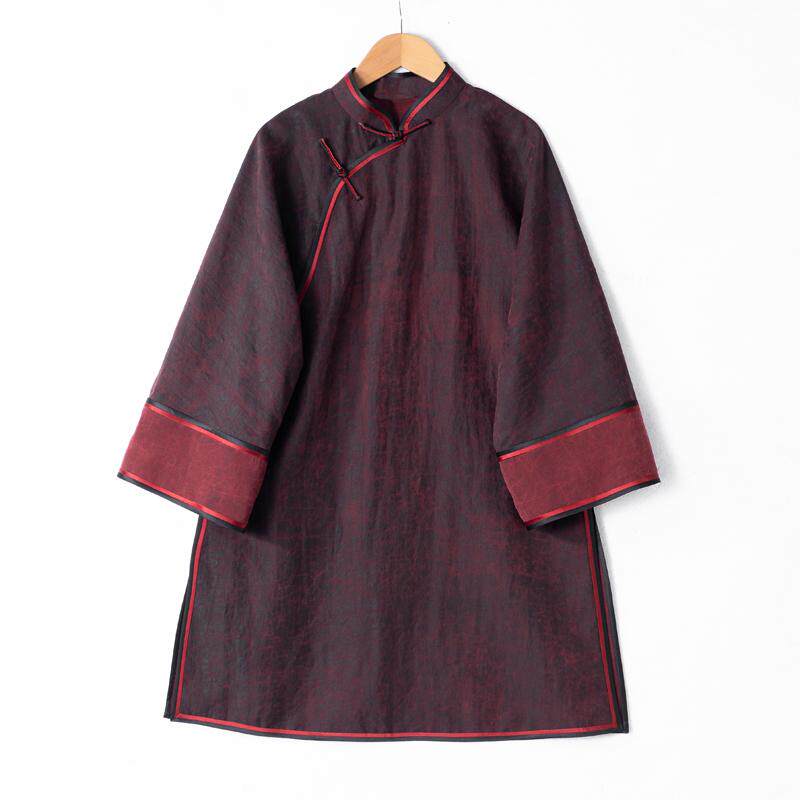 华族经典唐装女中长款宽松国风开襟中式香云纱旗袍上衣秋红霞锦绣