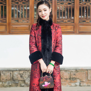 华族经典唐装女冬装加厚夹棉中式复古开襟中国风旗袍外套中长款
