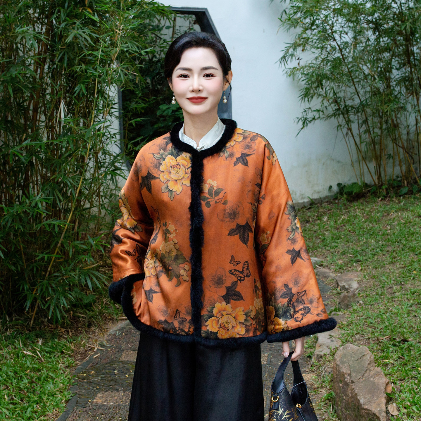 华族经典满院薇香真丝香云纱中式复古优雅开衫唐装外套女夹棉加厚