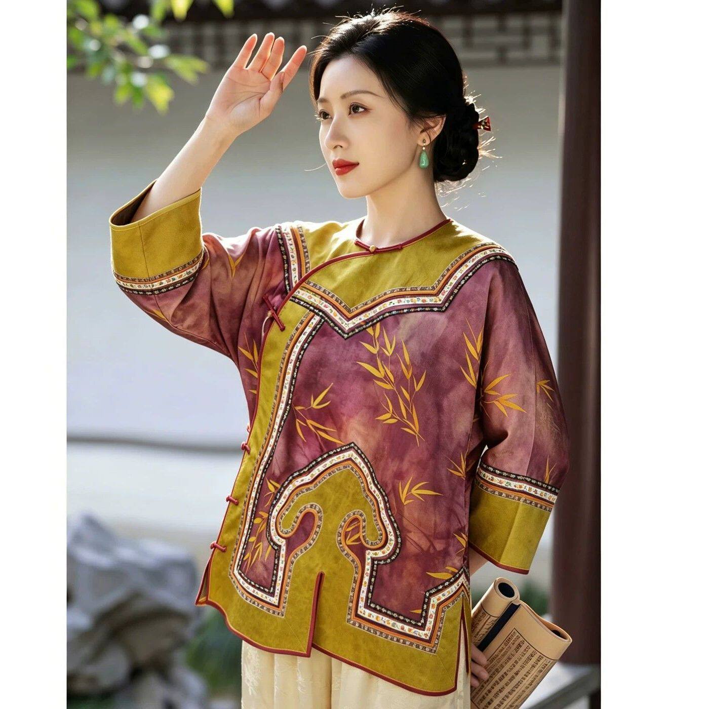 华族经典唐装女重工如意50姆米香云纱复古盘扣圆领新中式宽松上衣