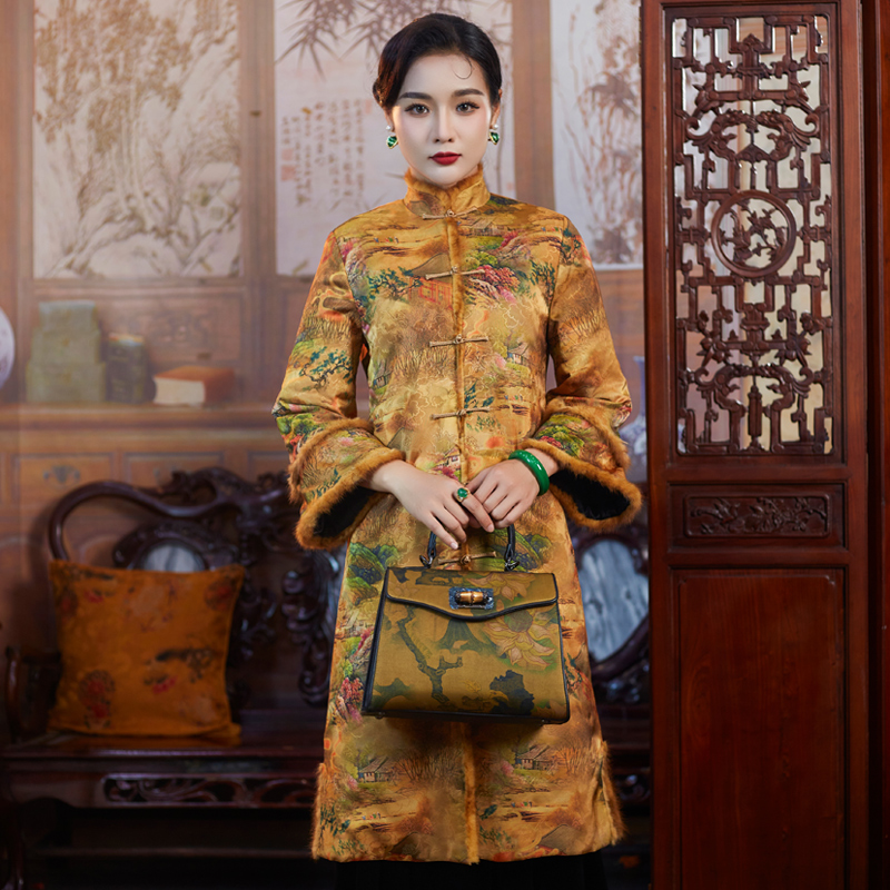 华族经典唐装女外套中式优雅通勤长袖夹棉加厚旗袍棉服棉衣中长款