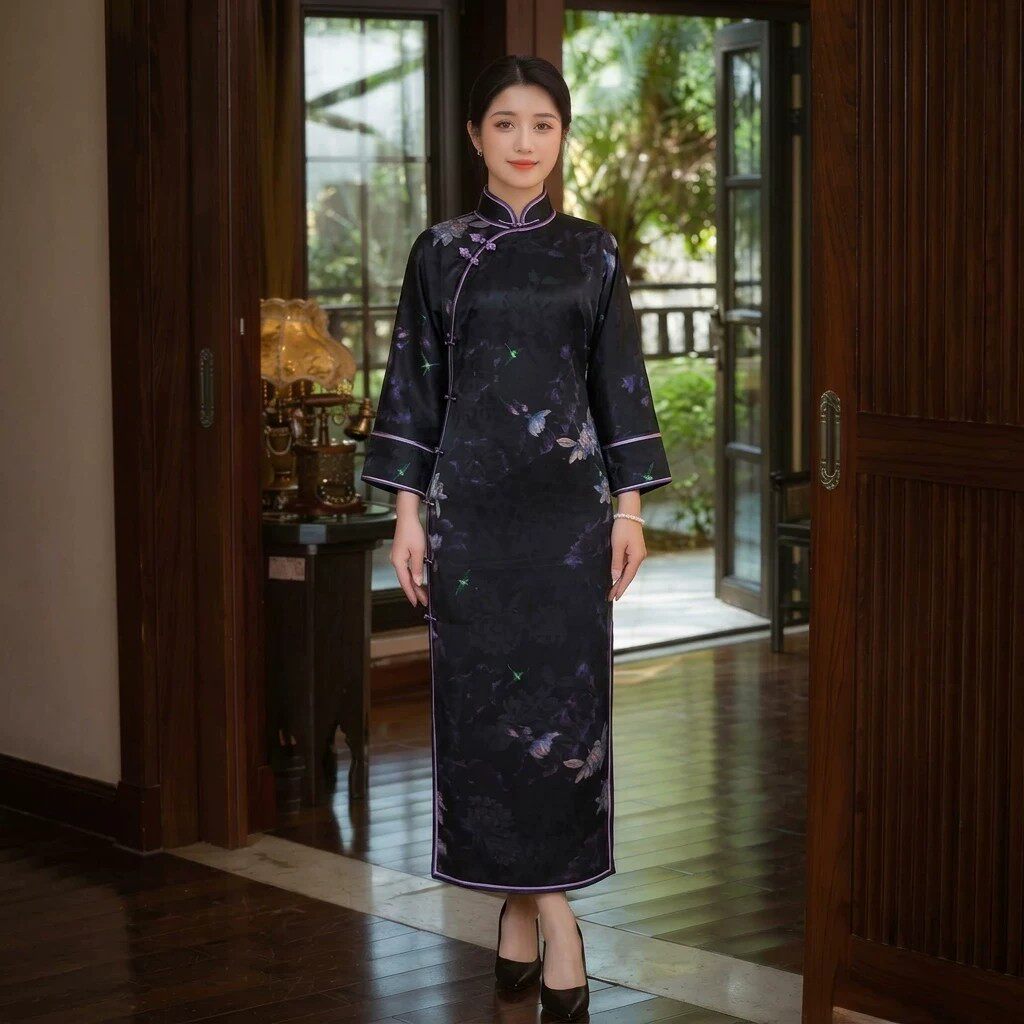 华族经典真丝香云纱复古中国风优雅全开襟无省高档旗袍连衣裙长款