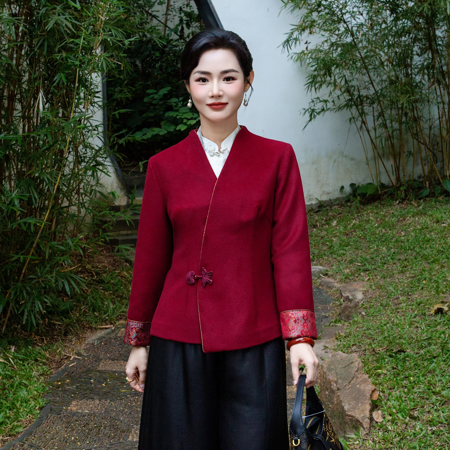 华族经典旗袍外套偏襟开衫羊毛呢