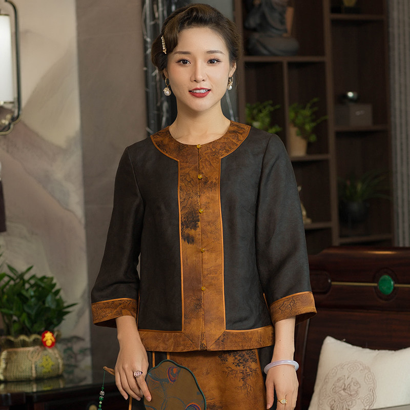 华族经典美人如画唐装上衣女时尚中式复古圆领香云纱文艺两件套装