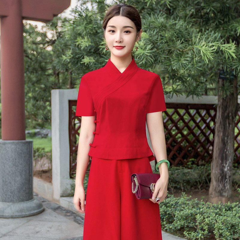 华族经典改良唐装上衣女士雪纺短袖时尚中式复古日常修身显瘦旗袍