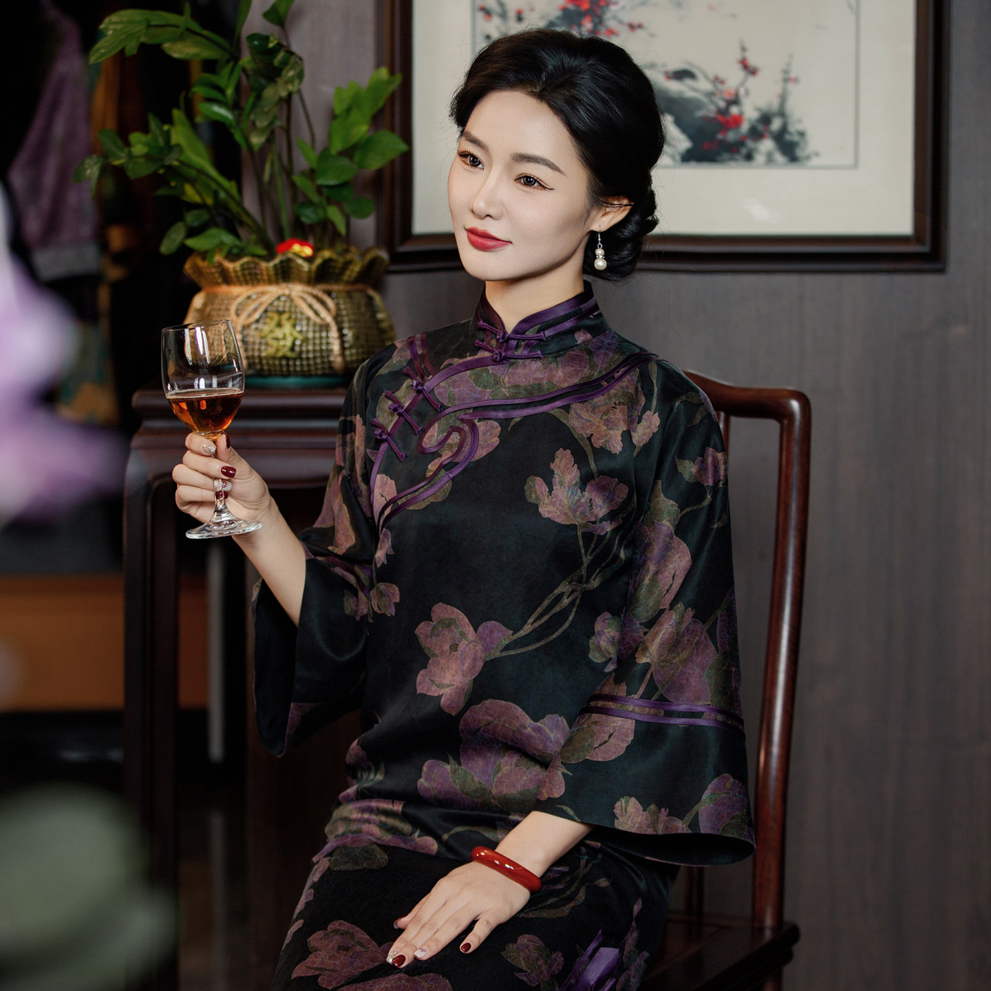 华族经典旗袍重锻香云纱高端气质中式复古如意长款古法袍子251140