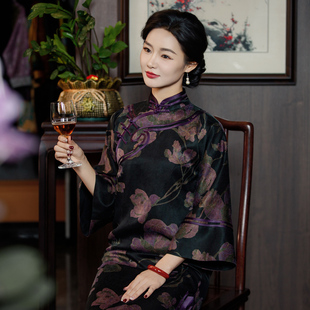 华族经典旗袍重锻香云纱高端气质中式复古如意长款古法袍子251140