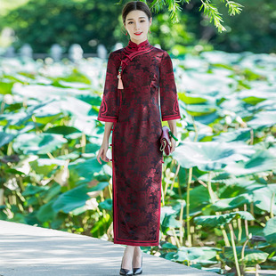 华族经典香云纱高端旗袍老上海中袖七分袖妈妈婚宴长款女笛玉花