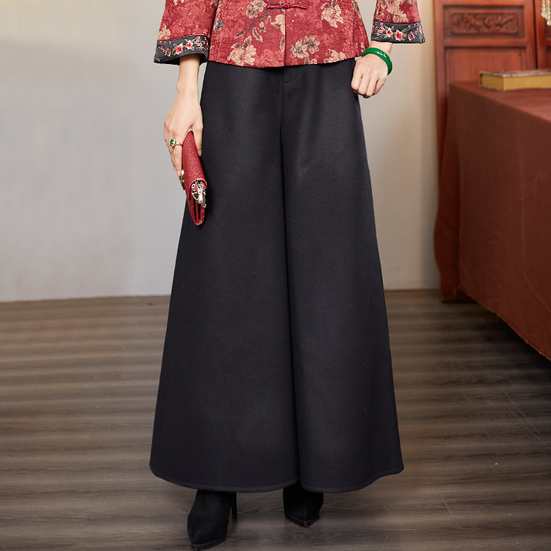 华族经典裤子女秋冬款羊毛呢加绒加厚百搭显瘦显胯小长款阔腿裤
