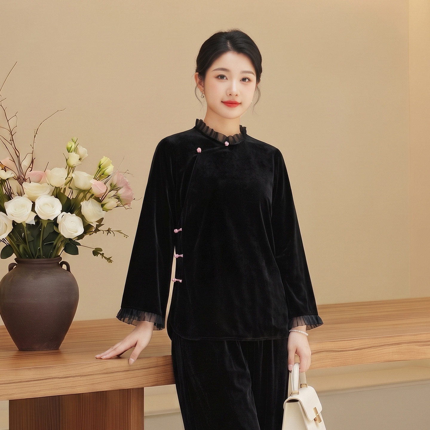 华族经典改良唐装女新中式复古立领宽松真丝丝绒高端盘扣旗袍上衣
