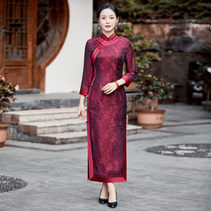 华族经典香颜中式复古真丝桑蚕丝高端妈妈喜婆婆婚宴旗袍长款女秋