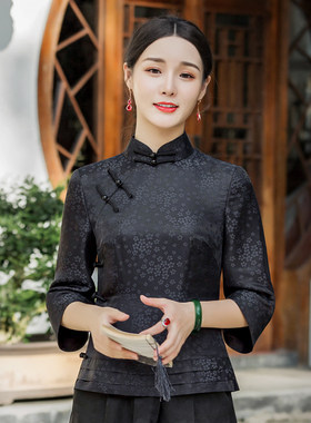 中式唐装女香云纱改良时尚气质短款七分袖旗袍式盘扣上衣香云1