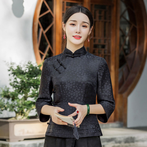 中式唐装女香云纱改良时尚气质短款七分袖旗袍式盘扣上衣香云1