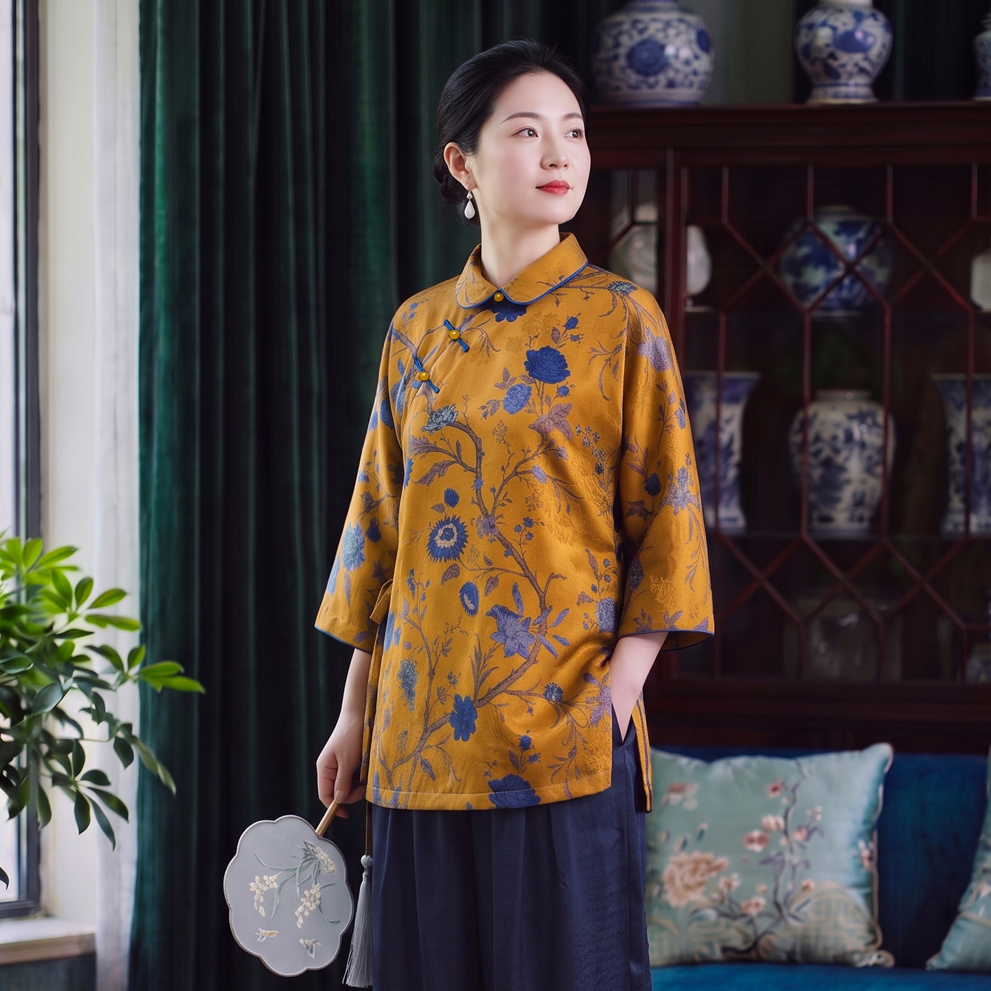 华族经典改良式唐装女日常桑蚕丝红云纱宽松中式盘扣复古旗袍上衣