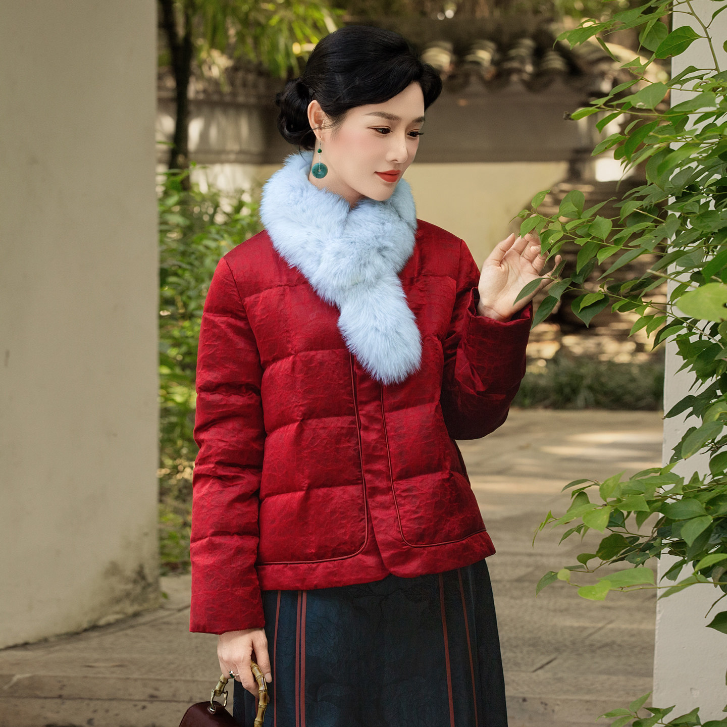 华族经典唐装女羽绒服红云纱保暖新中式新年红色旗袍外套JS-2514