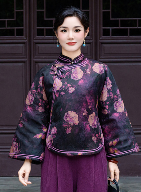 华族经典唐装女夹棉加厚香云纱保暖日常优雅开襟旗袍上衣251033T