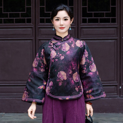 华族经典唐装女夹棉加厚香云纱保暖日常优雅开襟旗袍上衣251033T