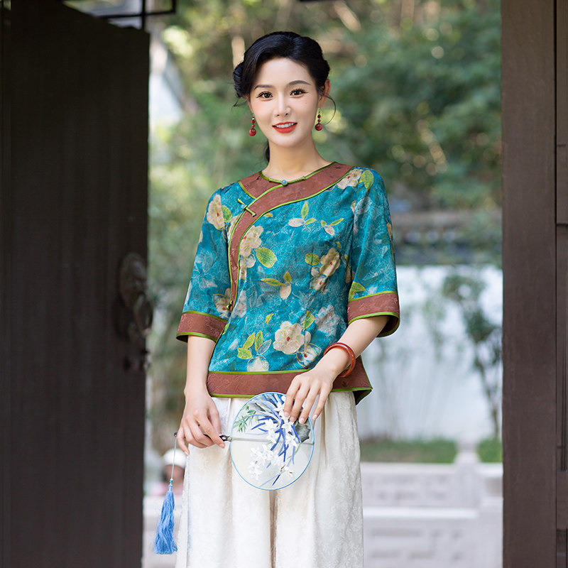 华族经典唐装女改良版女时尚圆领新中式国风开襟高档旗袍上衣夏款