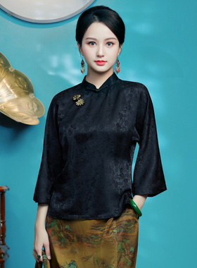 华族经典唐装女花焉如复古中国风黑色中式桑蚕丝中式优雅旗袍上衣