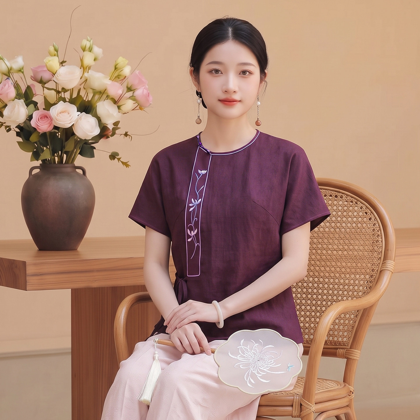 华族经典新中式上衣香云纱国风手绘高端宽松休闲圆领盘扣唐装女夏