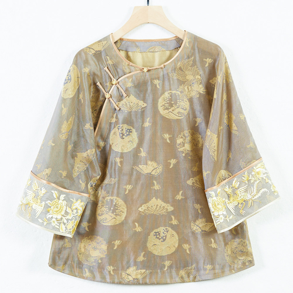 华族经典民国风上衣2025新款桑蚕丝浮光锦开襟唐装茶服女夏250698