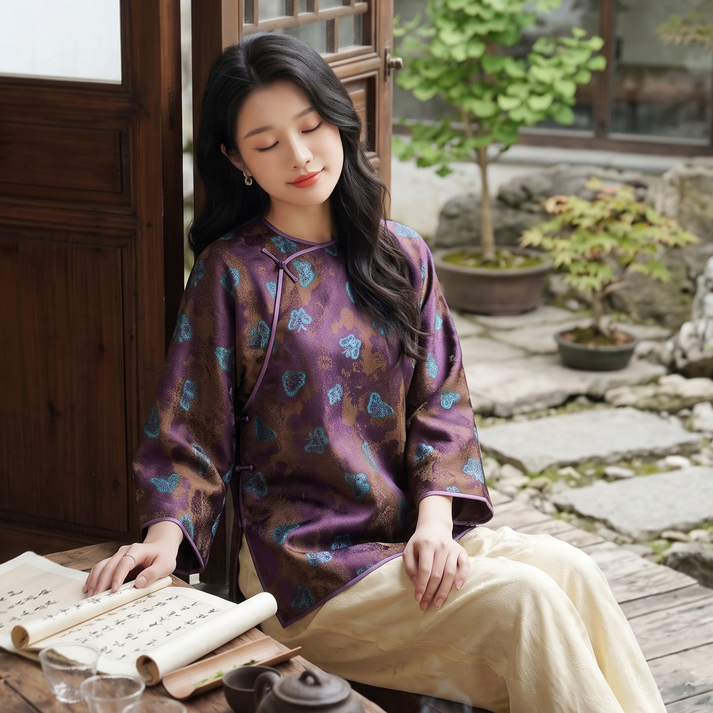 华族经典斜襟上衣宽松桑蚕丝中式盘扣高端七分袖圆领改良唐装女