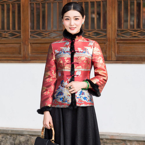 对襟中式复古长袖旗袍棉袄女秋冬
