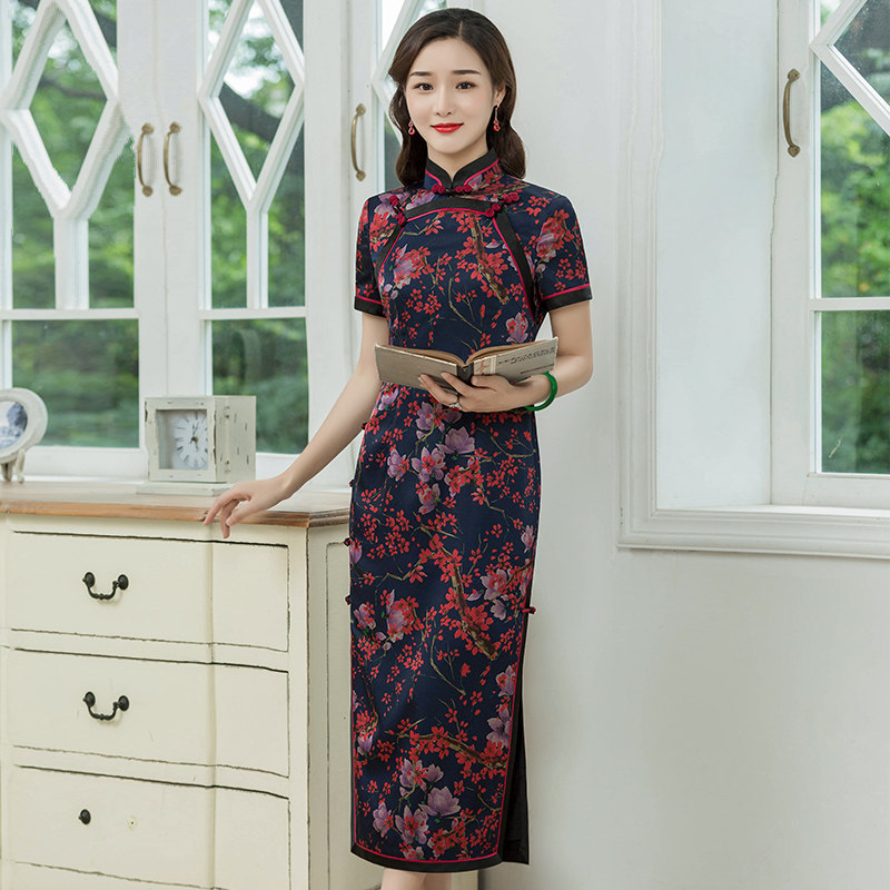华族经典老上海旗袍女长款气质重工艺中式复古日常真丝桑蚕丝高端