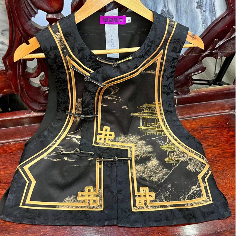 华族经典（水墨文竹）重缎真丝香云纱复古唐装马甲国风优雅背心
