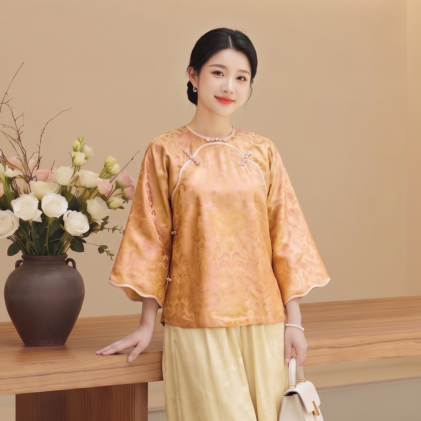 华族经典圆领唐装女宽松新中式桑蚕丝七分袖国风高端旗袍双襟上衣
