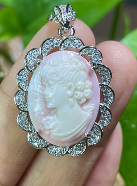 中古德国玛瑙浮雕吊坠925银镶嵌