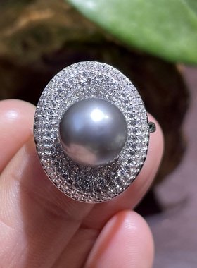 天然海水大溪地黑珍珠银镶戒指大气高贵