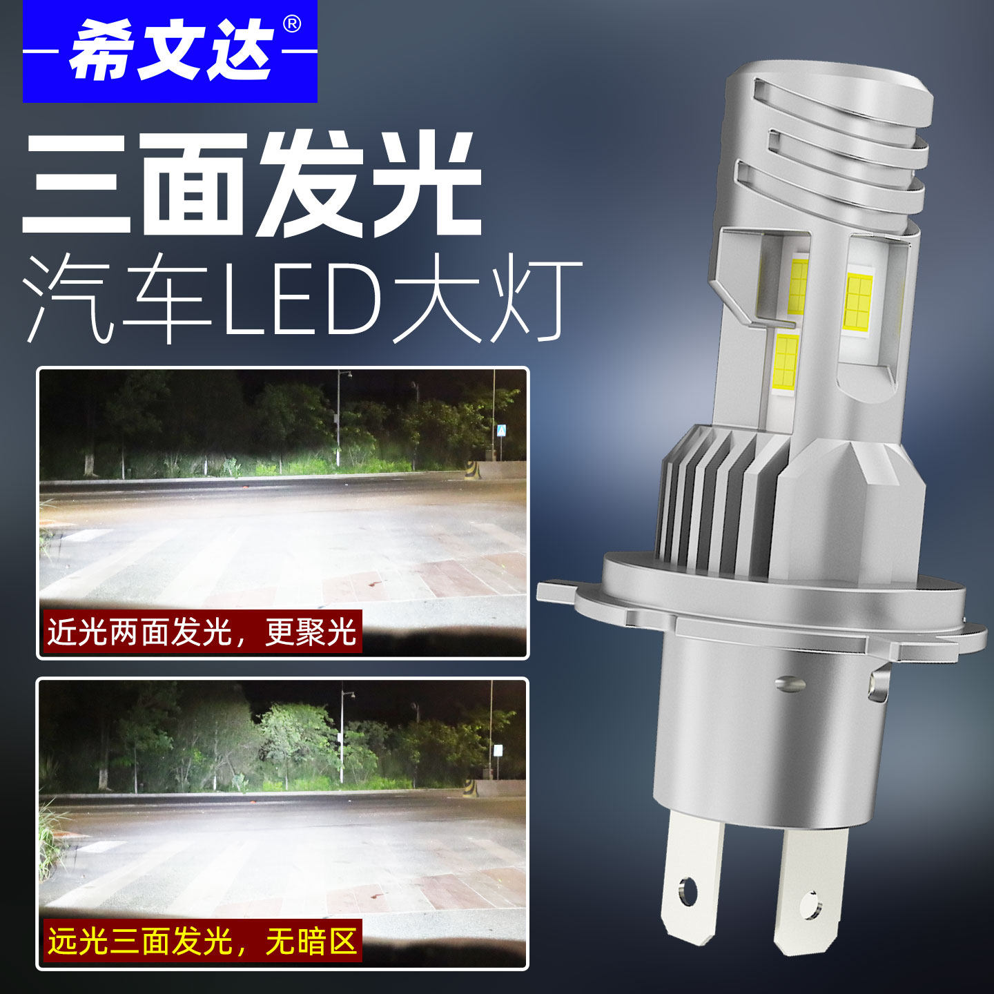 全新三面发光汽车LED大灯白光6000K改装摩托车大灯H4远近一体灯泡
