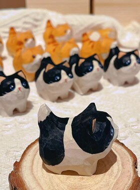 木雕小猫摆件 手工雕刻桌面车载礼物饰品 简约招财治愈礼物