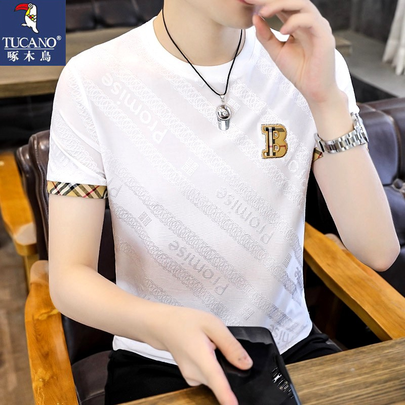 啄木鸟短袖男2024新款名牌t恤夏季冰丝品牌爆款衣服高端白色修身-封面