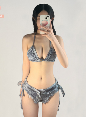 网红ins风性感纯欲辣妹绑带小胸聚拢显瘦牛仔比基尼二件套泳衣女