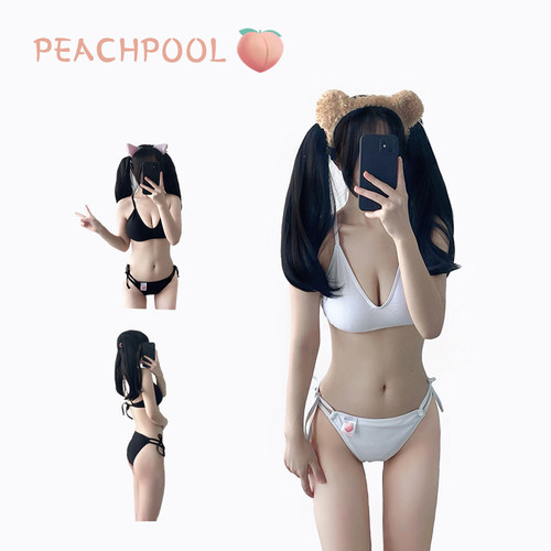 泰国小众可爱少女甜美白色纯欲绑带小胸聚拢性感辣妹比基尼泳衣女