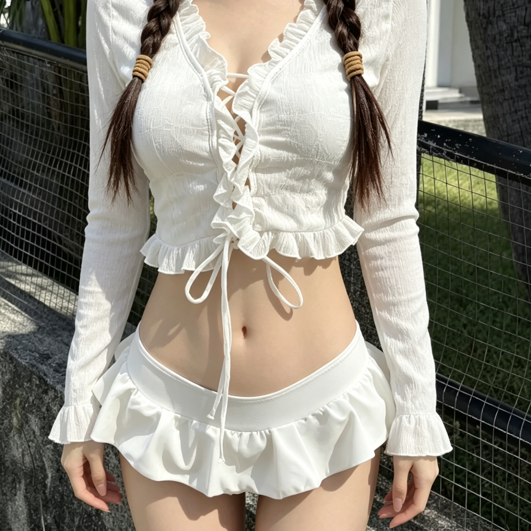 白色可爱少女可爱甜妹热辣性感比基尼女分体两件长袖防晒海边度假