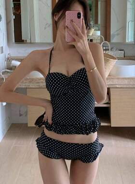 黑色波点性感泳衣女复古修身显瘦性感辣妹钢托聚拢胸度假温泉泳装