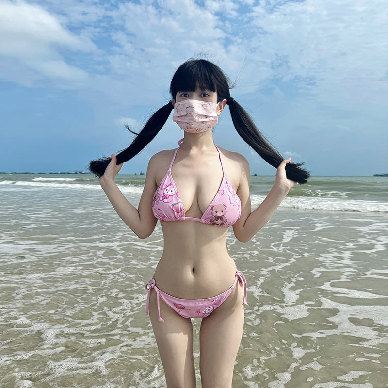 日系可爱少女甜美萌妹洛丽粉色卡通熊兔性感火辣纯欲比基尼泳衣女