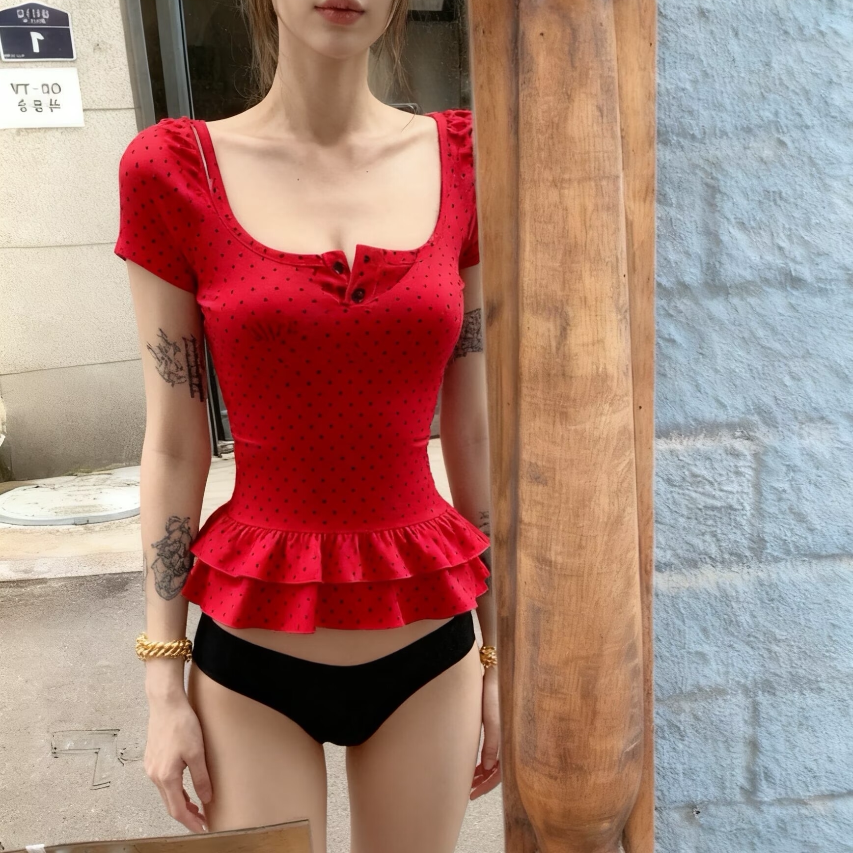 【复古波点】红色性感辣妹分体泳衣女短袖荷叶边木耳边显瘦比基尼