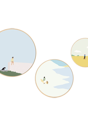 日系空气感沙发背景墙圆形框插画