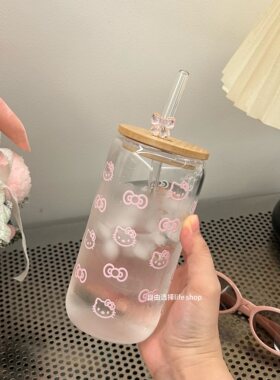 耐高温高硼硅玻璃水杯高颜值蝴蝶结印花KT猫咪吸管杯桌面随手水杯