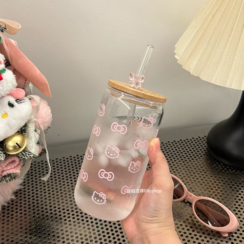 耐高温高硼硅玻璃水杯高颜值蝴蝶结印花KT猫咪吸管杯桌面随手水杯