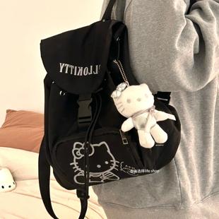 黑色卡通简约中古KT猫咪黑色书包双肩包学生旅游背包大容量女背包