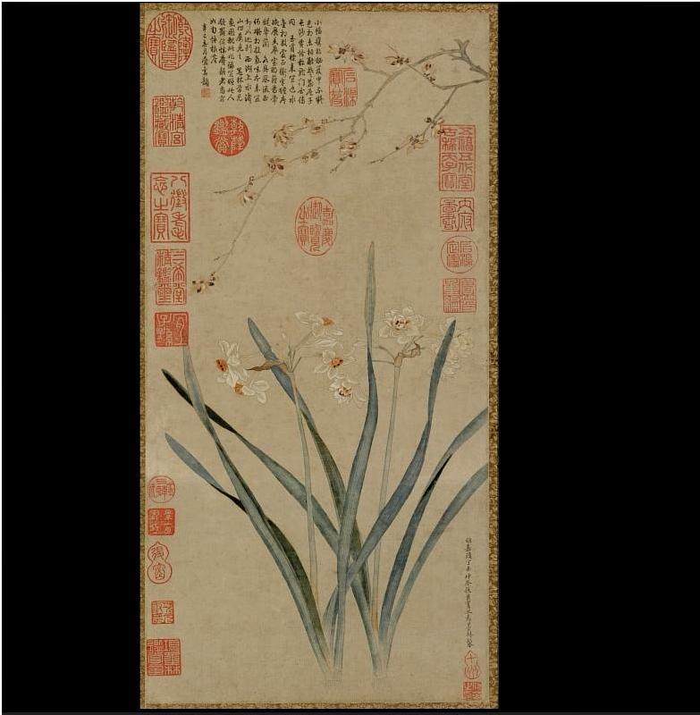 仇英水仙图明代小幅古画真迹复制品古代文人国画花卉画心装饰临摹