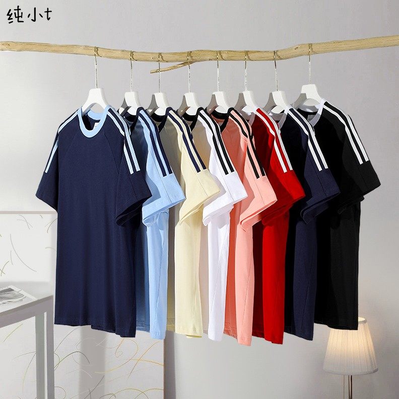 纯棉三条杠插肩短袖男女童重磅200g美式圆领运动上衣夏季姐弟T恤