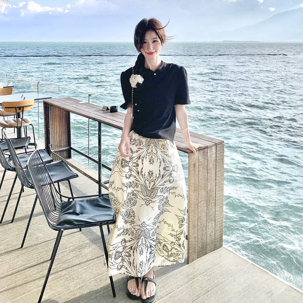 新中式国风印花半身裙套装女夏2025新款独特漂亮绝美巨好看两件套，女装套装/套裙，浙宝165